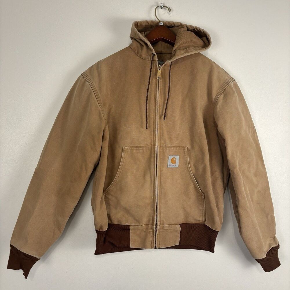 Vtg Carhartt Medium J03 BRN Hooded Canvas Jacket Distressed Brown Tan Faded 90s